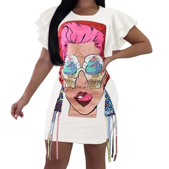 H.S.J.P Dresses & Skirts - Novelty Print Sequin T-Shirt Mini Dress Size 2X ? Ice Cream Tassels Bell Sleeve